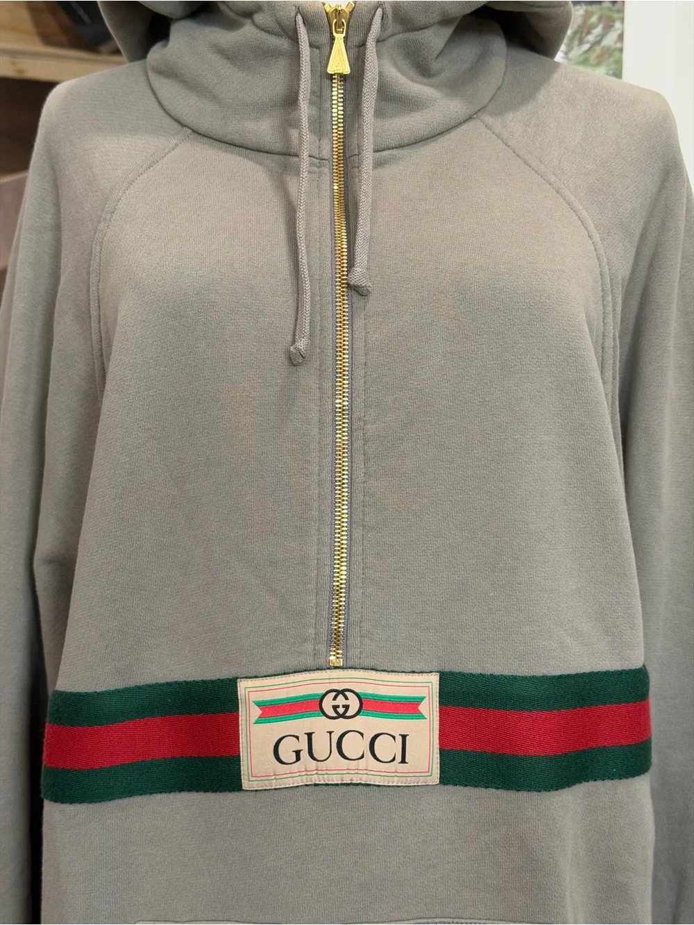 Gucci Taupe Crewneck Hoodie with Green-Red Stripe
